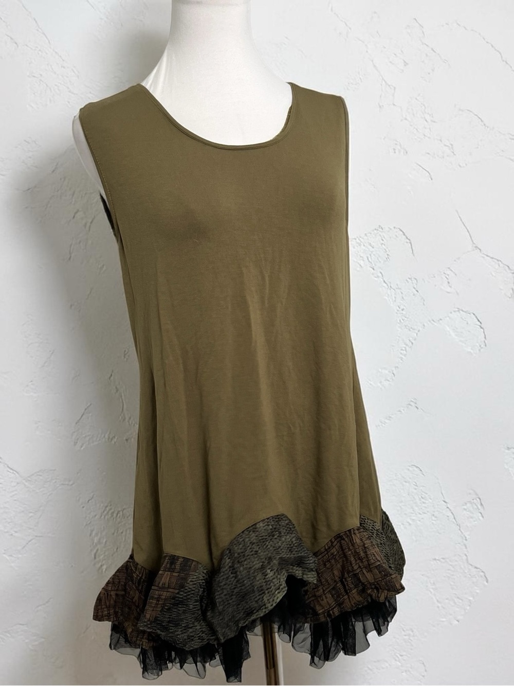 Olive Boho Tunic Dress Patchwork Ruffle Hem Fairycore Flowy 2 - Picture 2 of 7